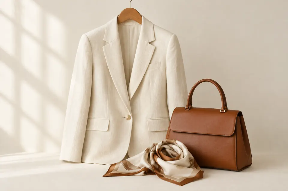 A linen blazer, leather handbag and silk scarf