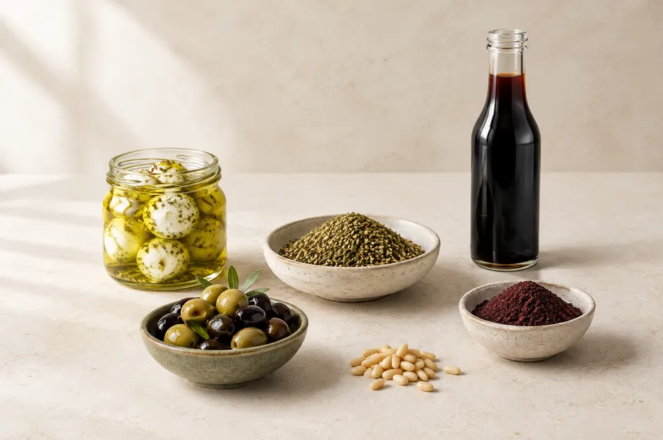 Labneh in olive oil, za’atar, sumac, olives and pomegranate molasses
