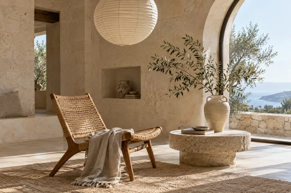 A rattan chair, ceramic vase and arched window in a sunlit room