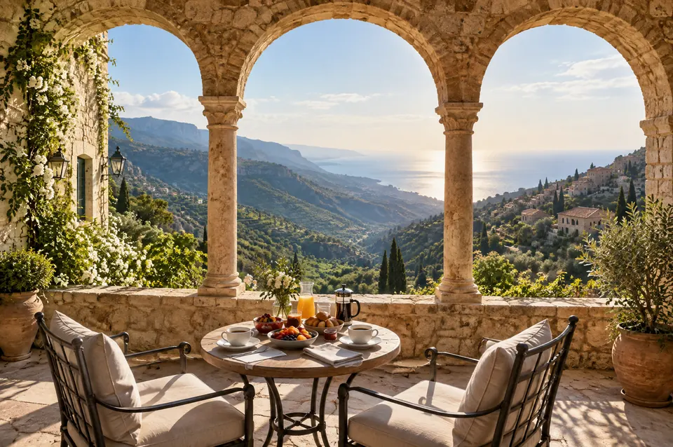 A stone guesthouse terrace with arches overlooking a green valley