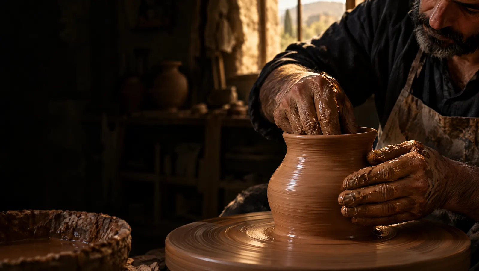 An artisan shaping terracotta on a pottery wheel