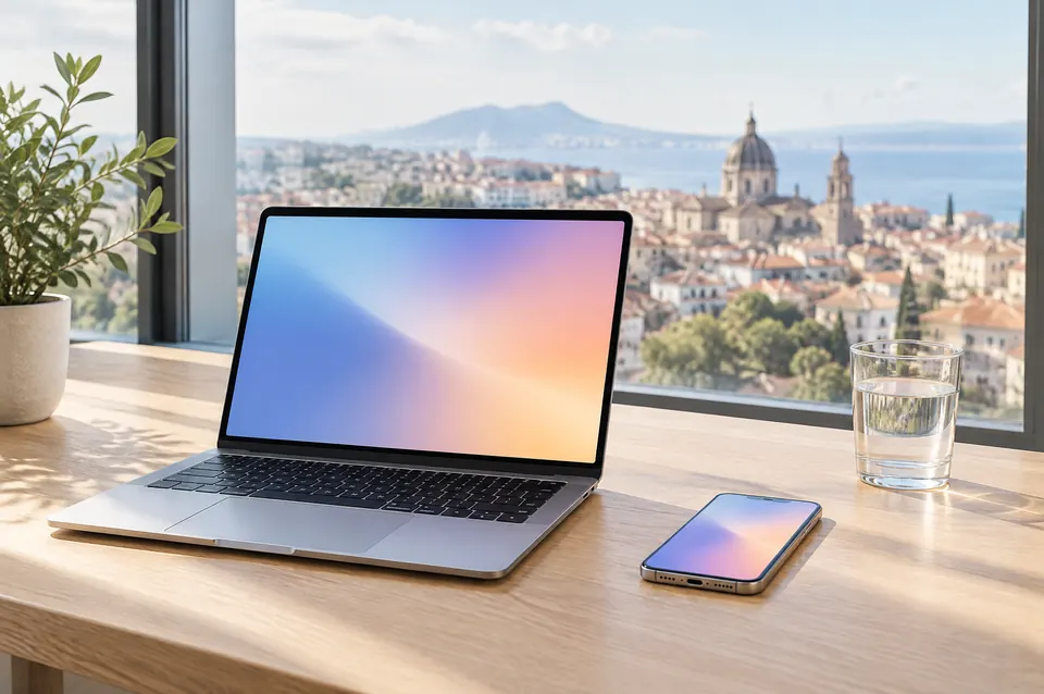 A laptop and phone on a desk by a window overlooking a coastal city